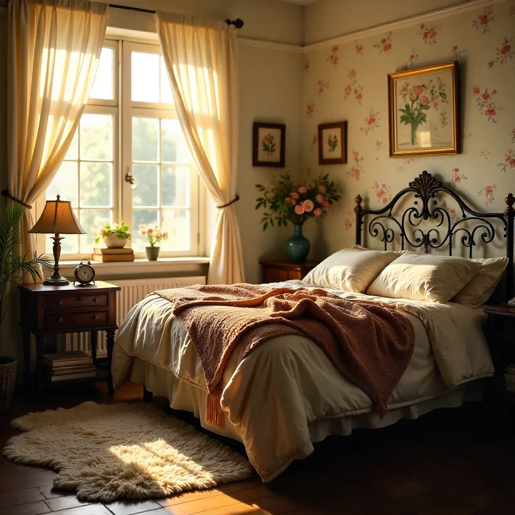 Cozy Vintage Bedroom with Floral Decor and Iron Bed