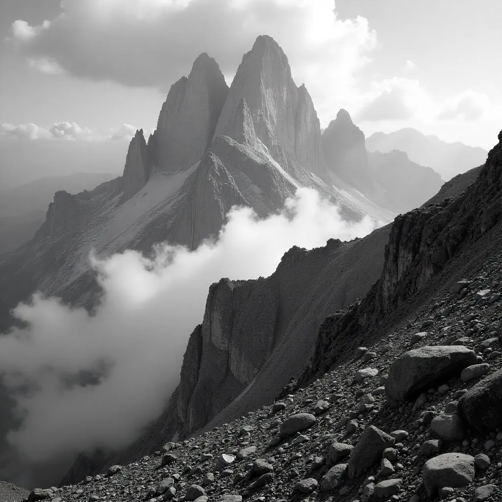 Fogbound Dolomites: Dramatic Black & White Peaks