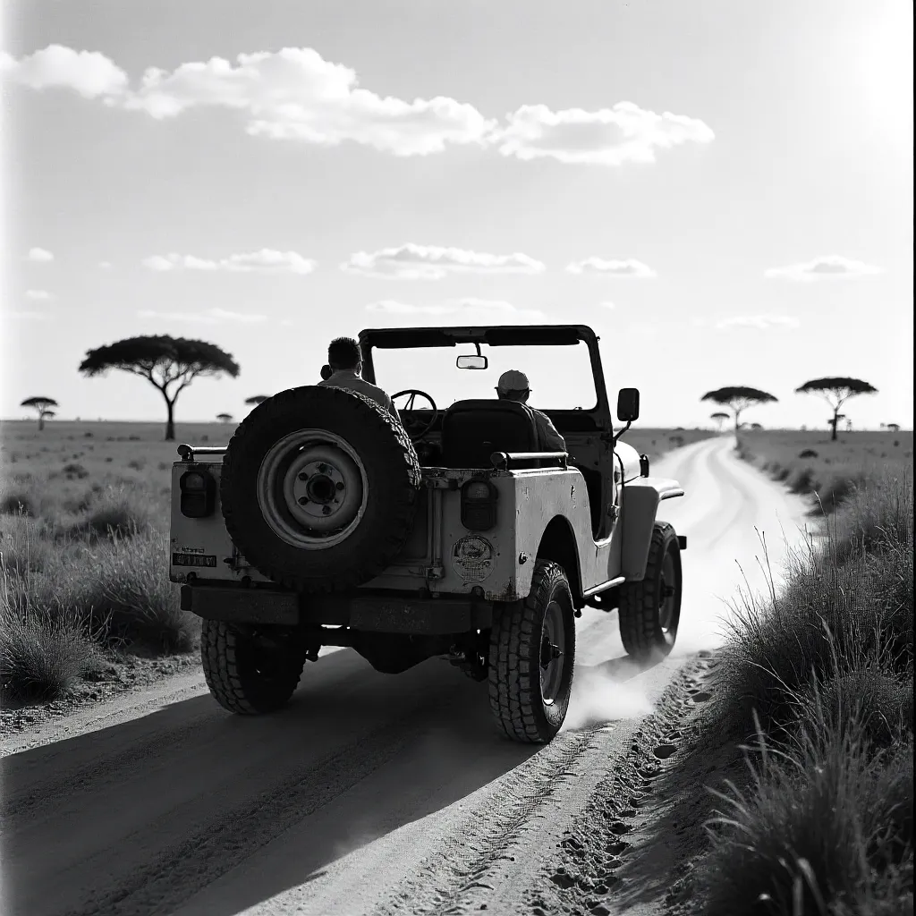 Monochrome Safari: Open Jeep on a Dusty Road