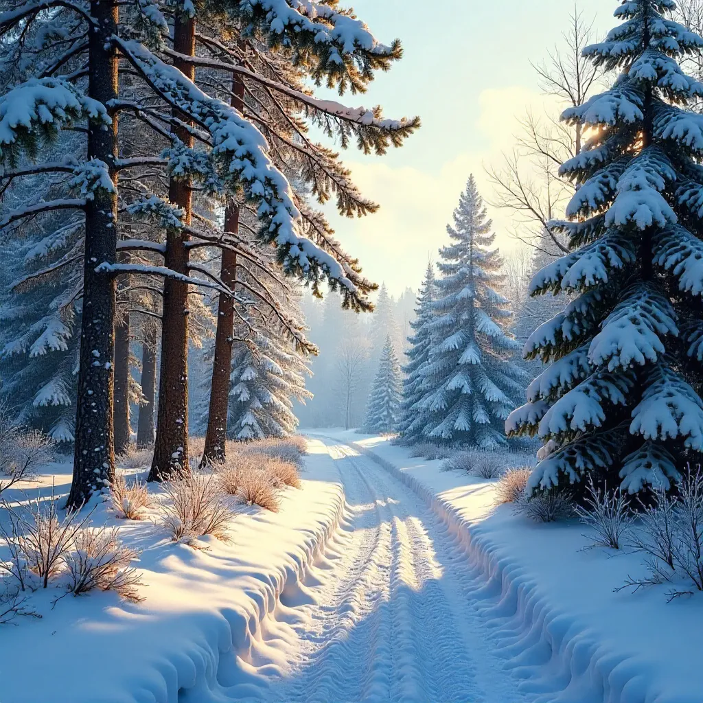 Tranquil Winter Forest Path Under Blue Sky