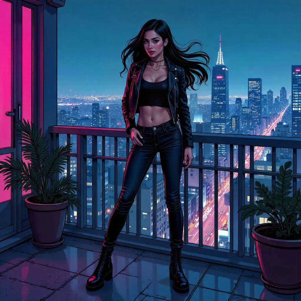 Stylish Asian Girl on a Neon Balcony