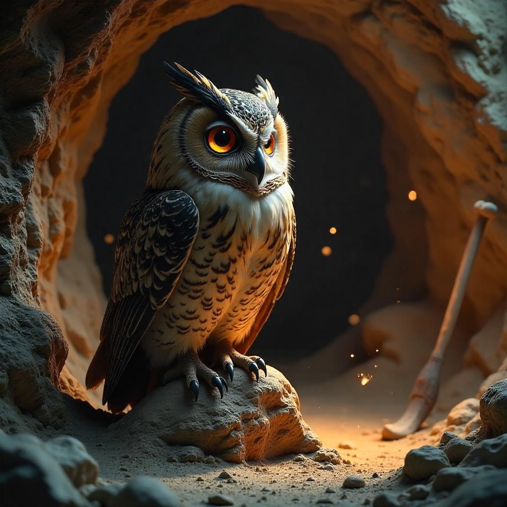 Stone Age Owl: A 3D Rendered Cave Guardian