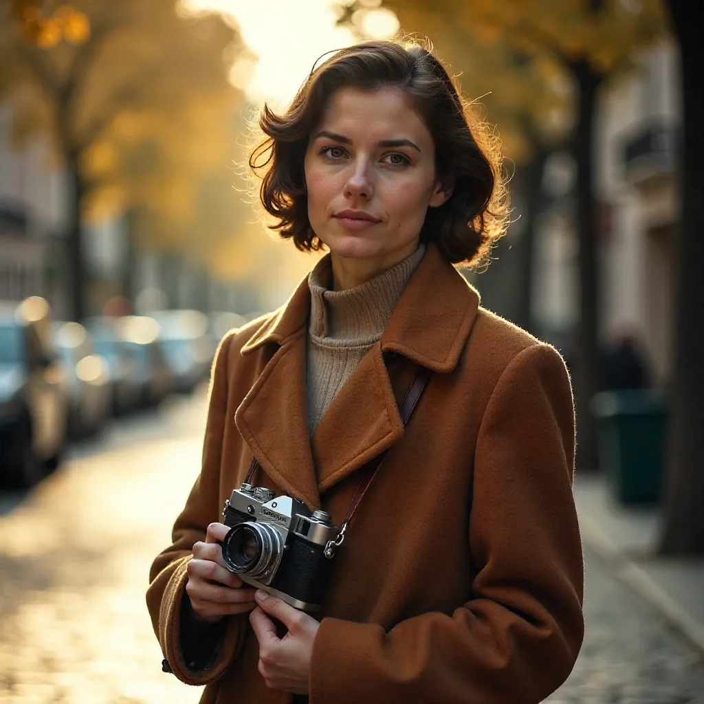 Outdoors Portrait: Brown Coat with Vintage Camera