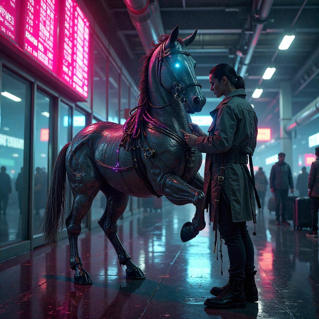 Neon Centaur at the Cyberpunk Airport Terminal