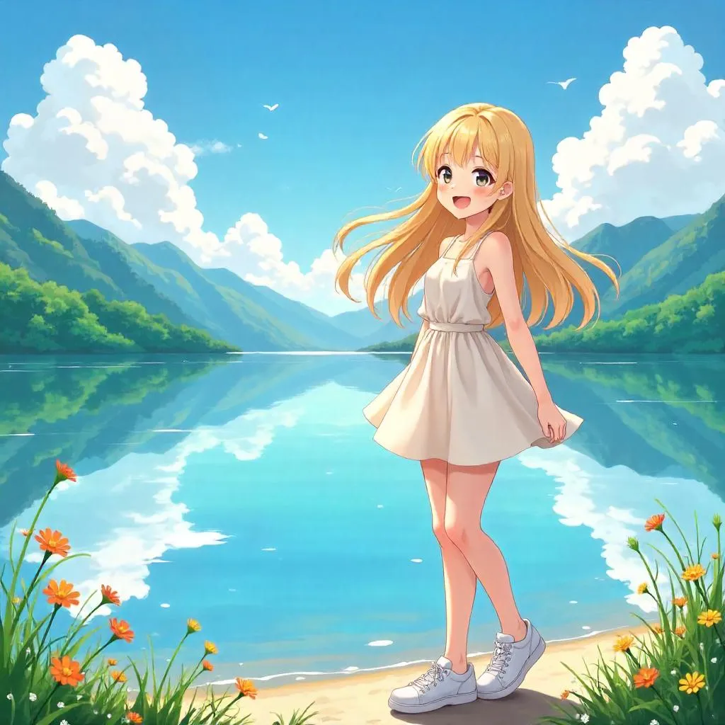Cheerful Anime Girl by a Tranquil Lake