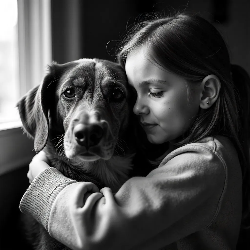 Whispers of Bond: Girl and Dog in Black and White