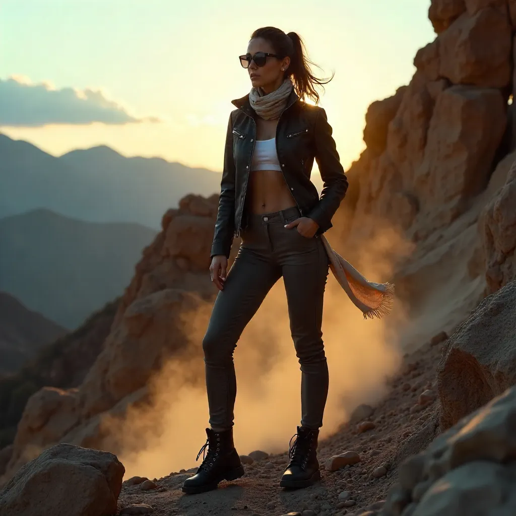 Adventure-Chic: Woman in Sunglasses on Rugged Rocks