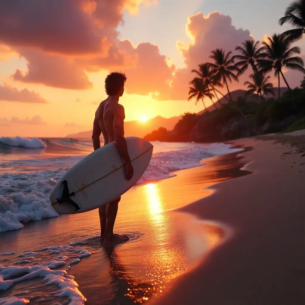 Lone Surfer at Sunset on Hawaiian Beach