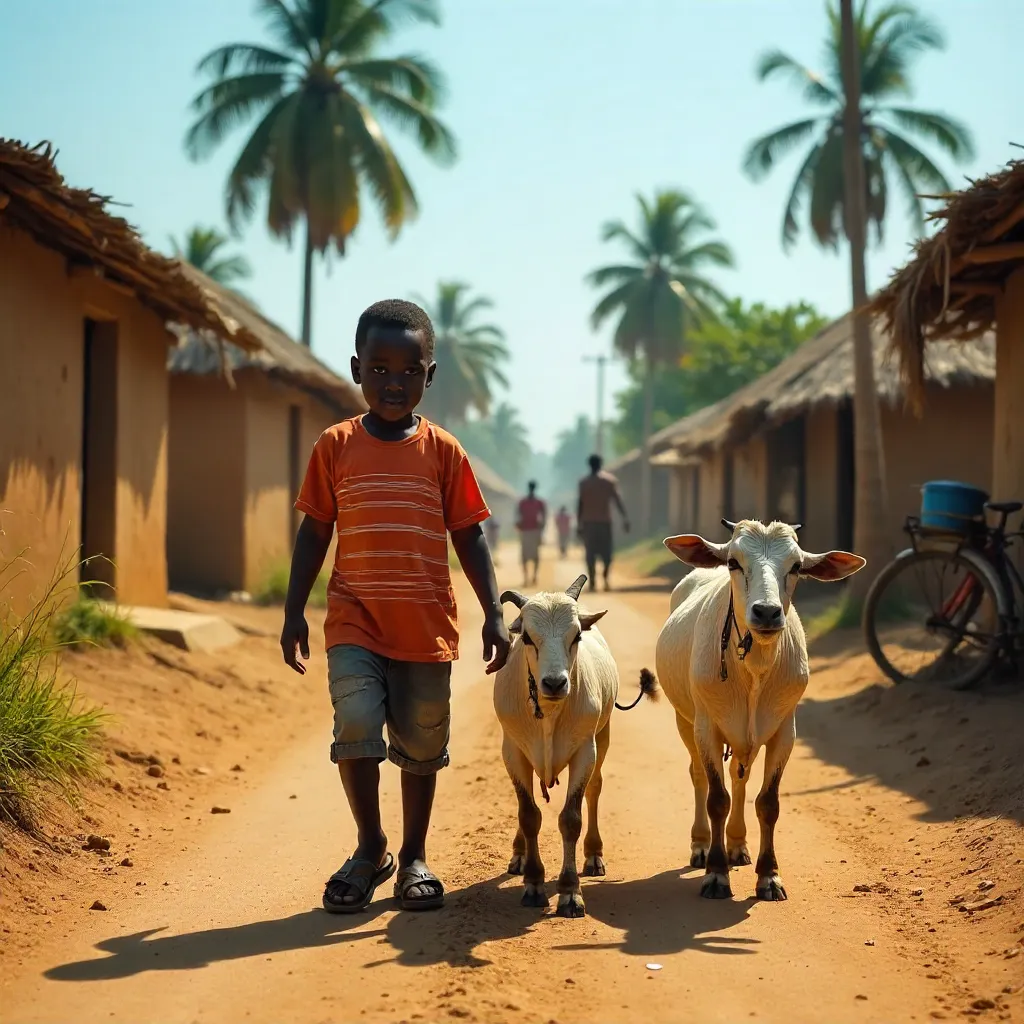 Young Nigerian Boy Herding Animals on Village Road