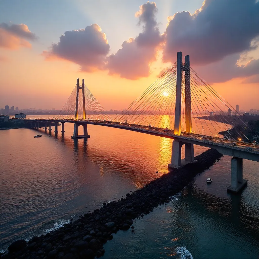 Bandra-Worli Sea Link at Sunset Over Arabian Sea