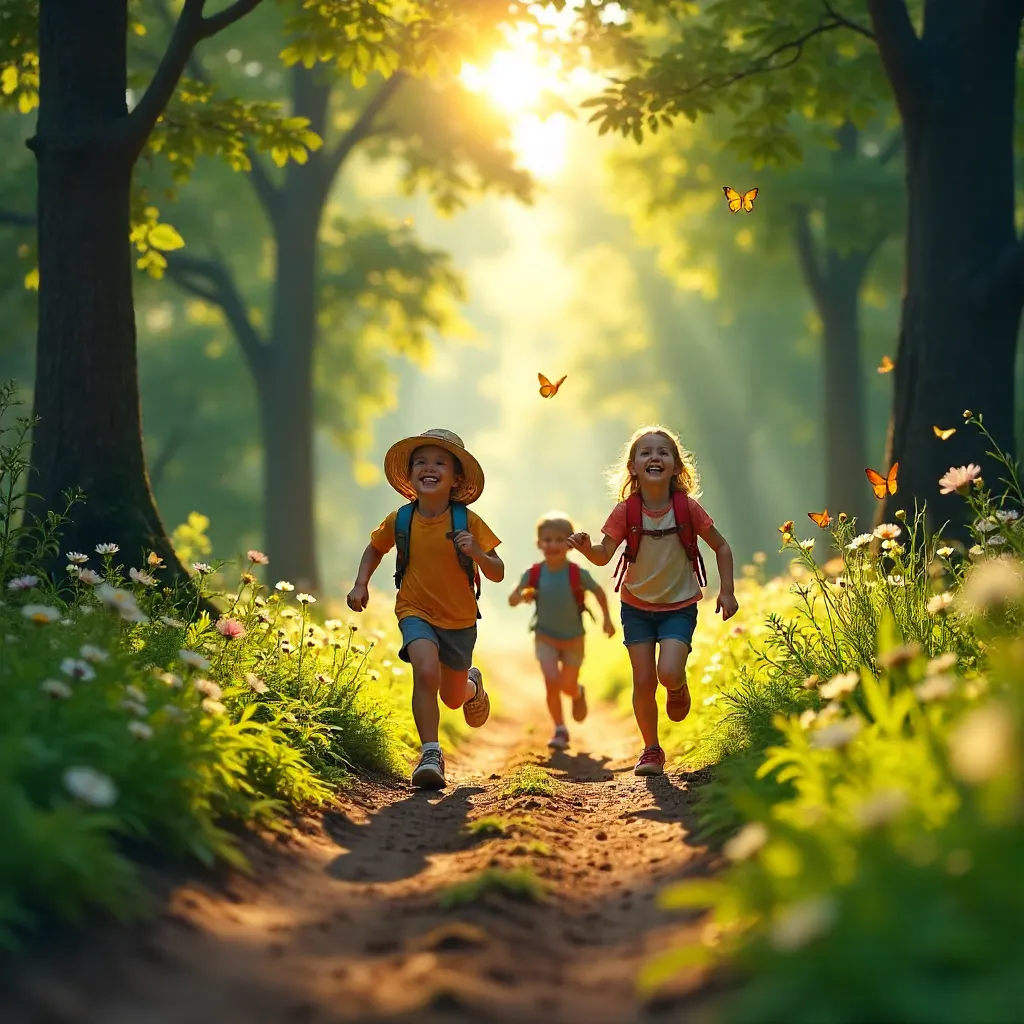 Joyful kids on a sunlit forest path
