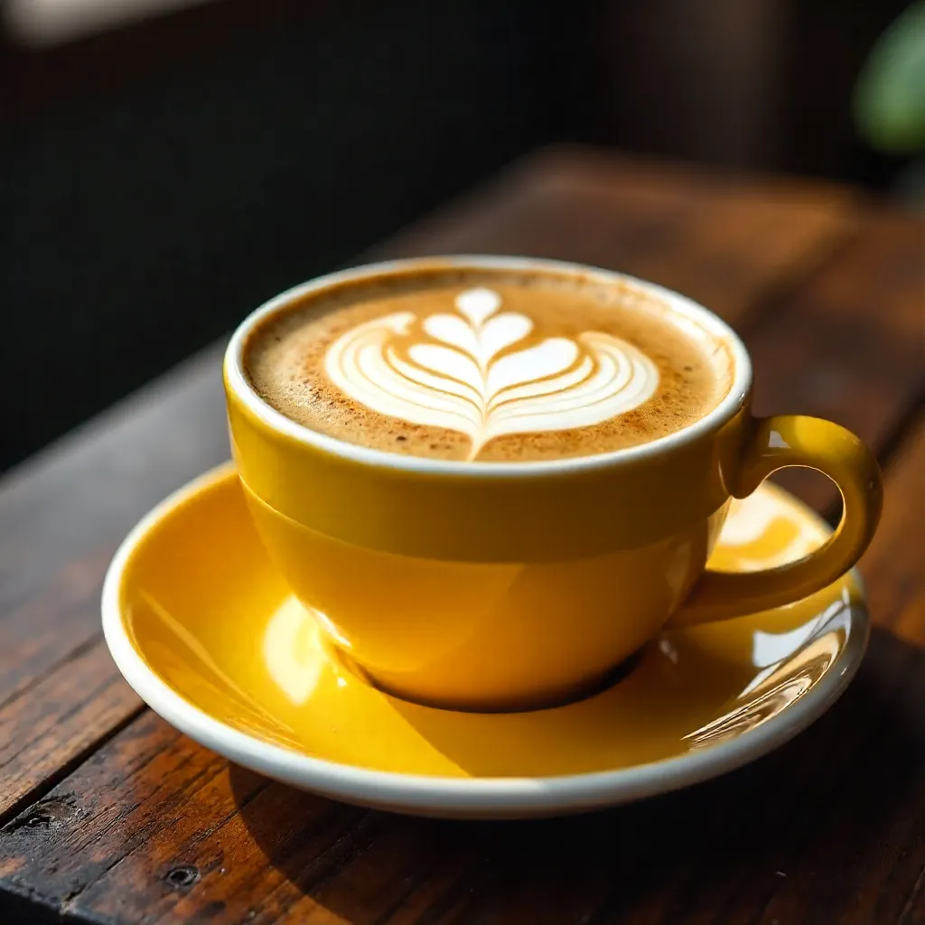 Close-up Cappuccino in Yellow Cup on Wood Table