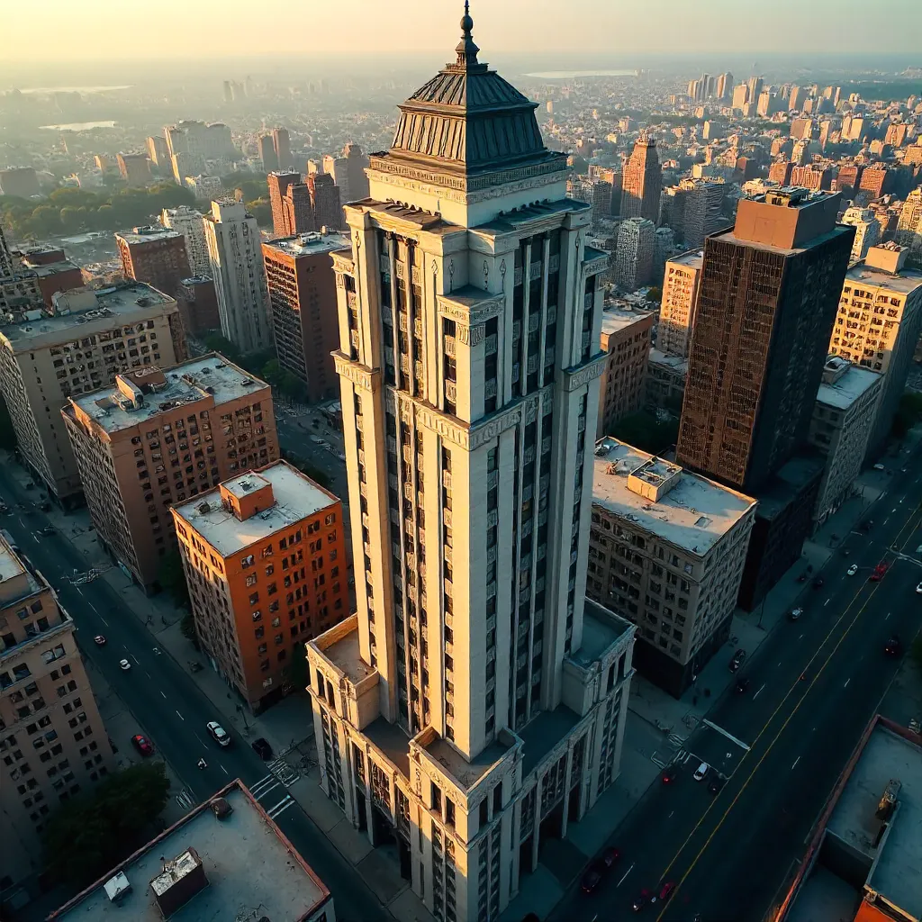 Aerial View of a Classic Skyscraper in Cityscape