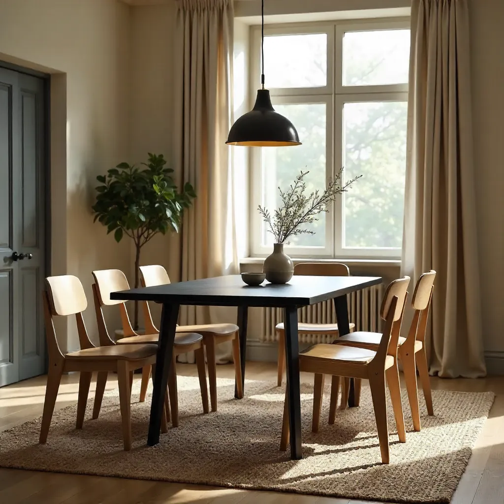 Cozy Minimalist Interior with Black Table and Wooden Chairs