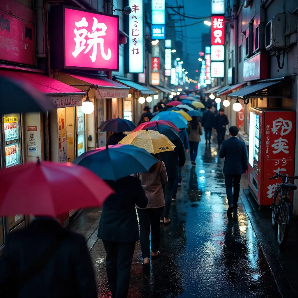 Umbrellas and Neon on a Rainy Tokyo Street
