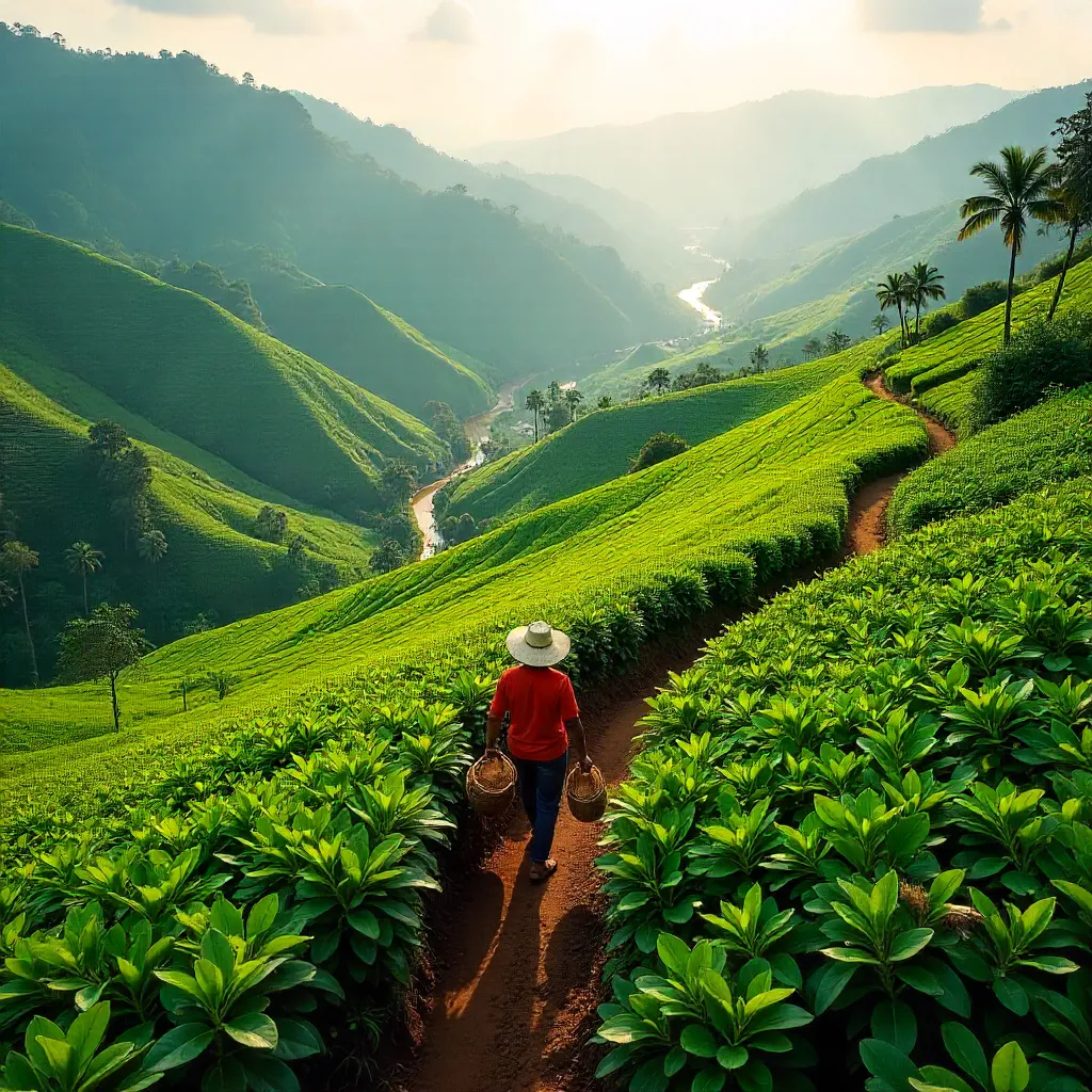 Aerial Kerala Tea Plantations with Lone Worker