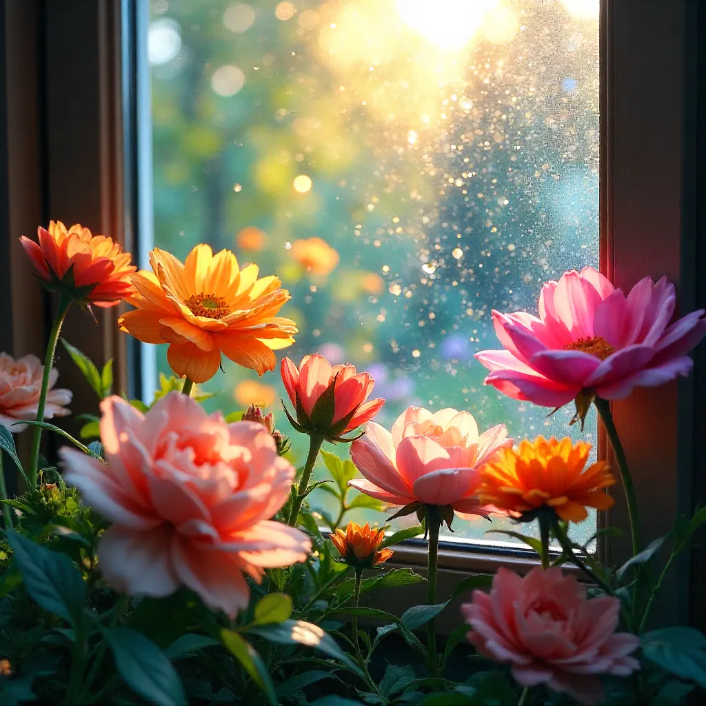 Vibrant Blooms Behind Frosted Glass