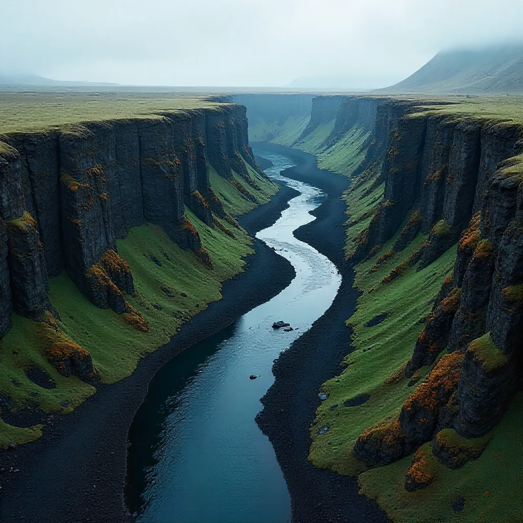 Bleak Aerial: Icelandic Basalt by a River