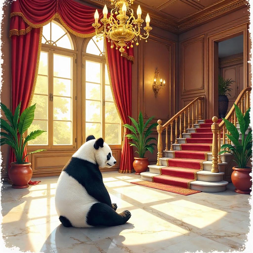 Watercolor Panda in a Grand Mansion Hall
