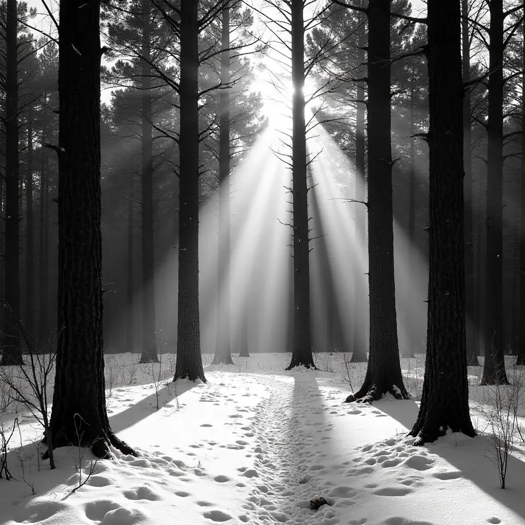 Sunlit Shadows in a Winter Forest