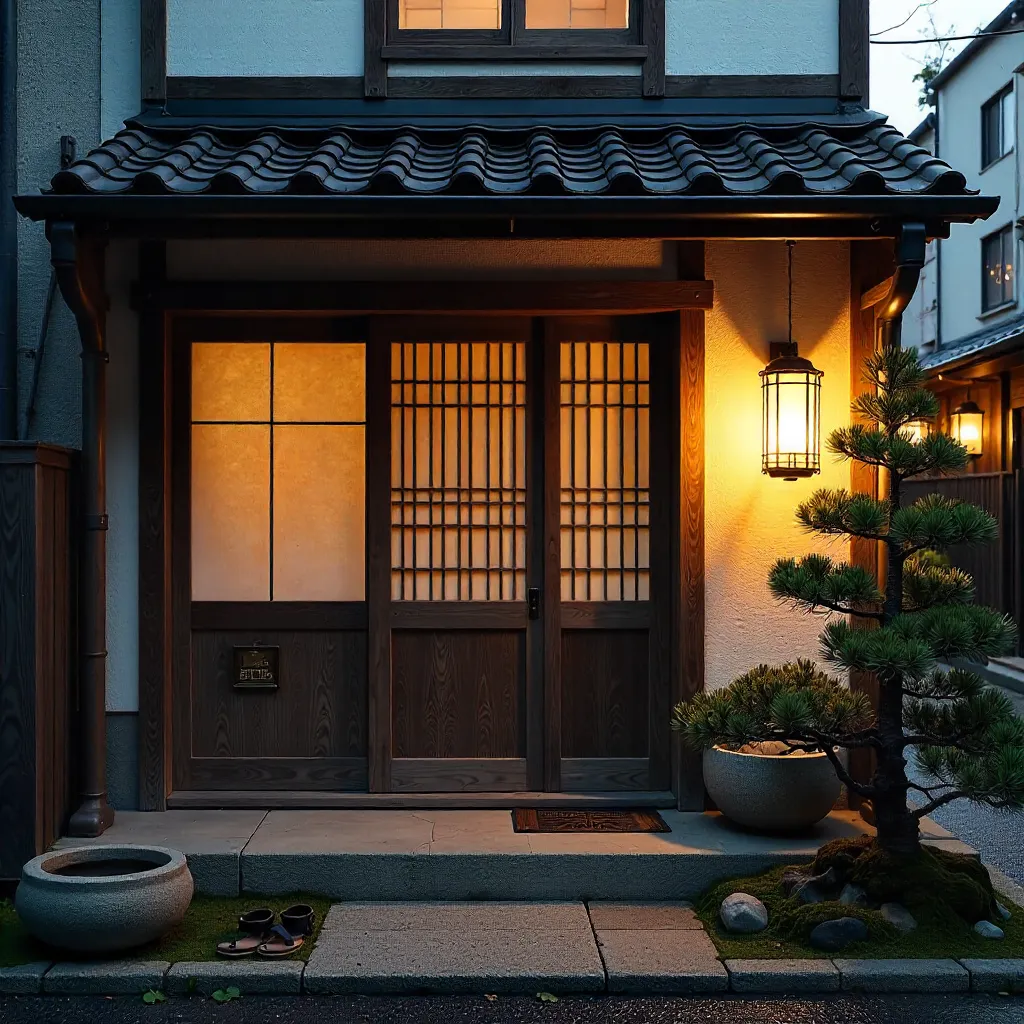 Warm Tokyo Machiya Entrance in Soft Evening Light