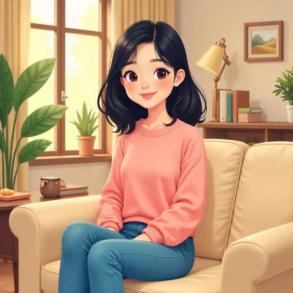 Young Asian Woman in a Cozy Living Room - Cartoon Style