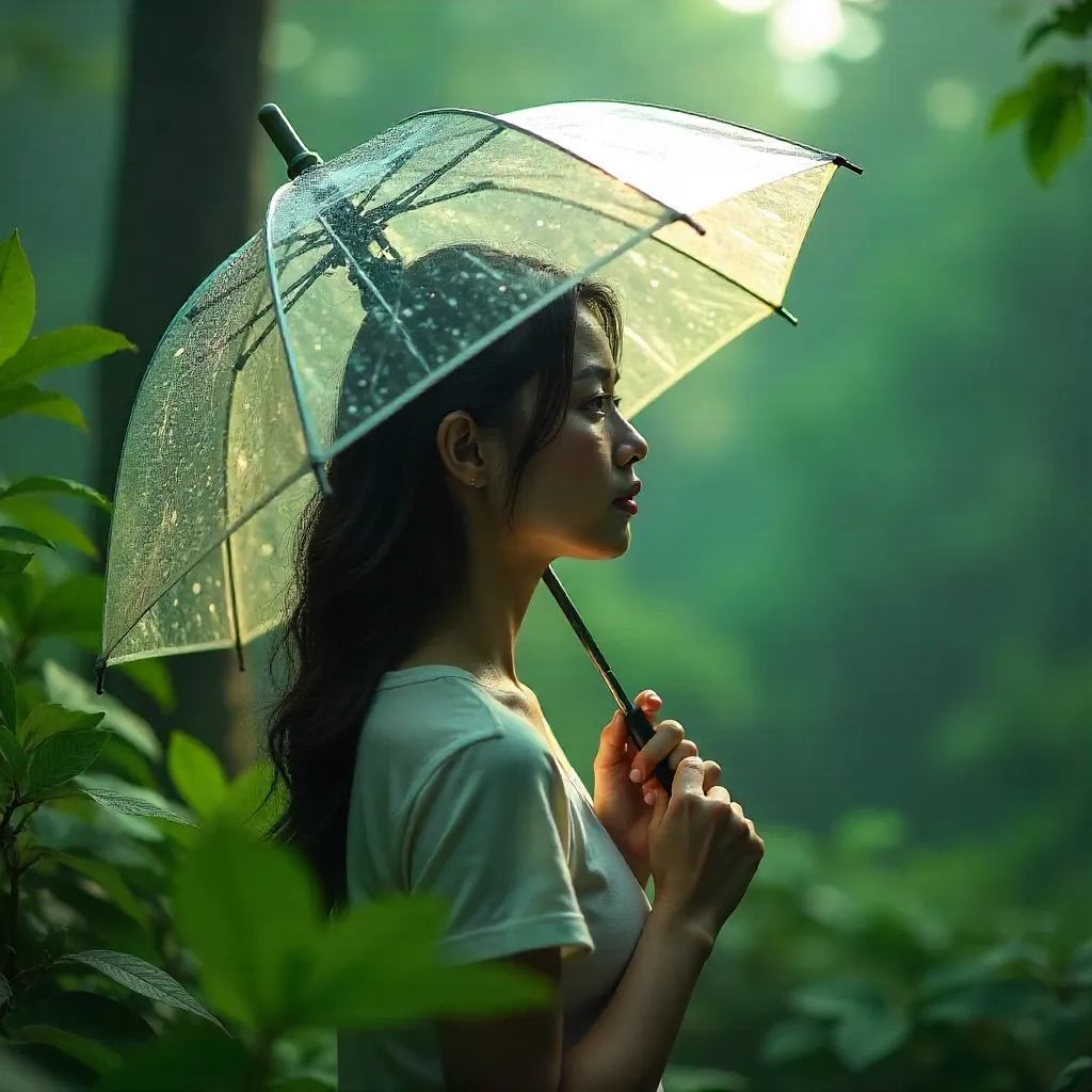 Introspective Profile Under a Clear Umbrella in Đà Lạt