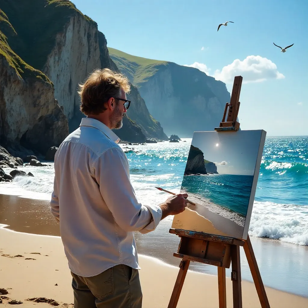 Painter on Sunlit Beach Painting Dramatic Cliffs