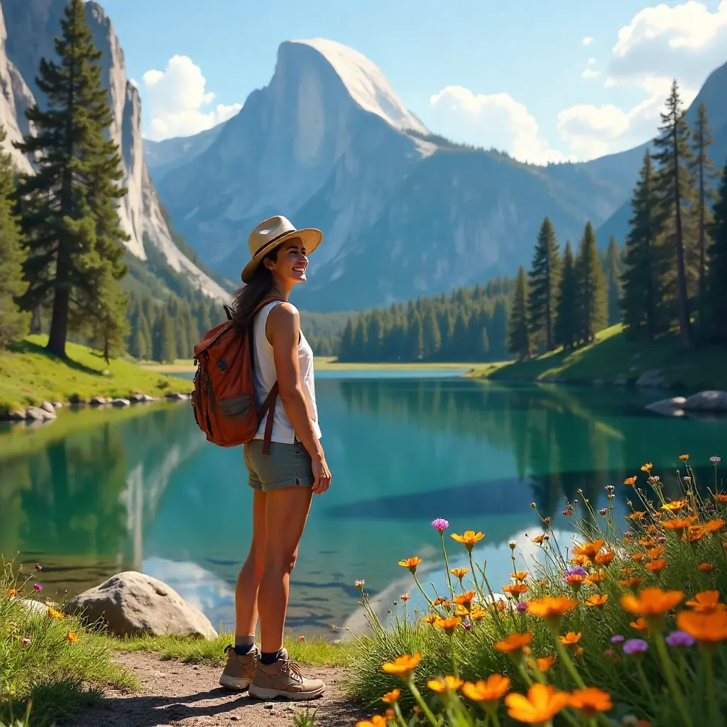 Summer Joy in Yosemite: A Woman Beneath the Peaks