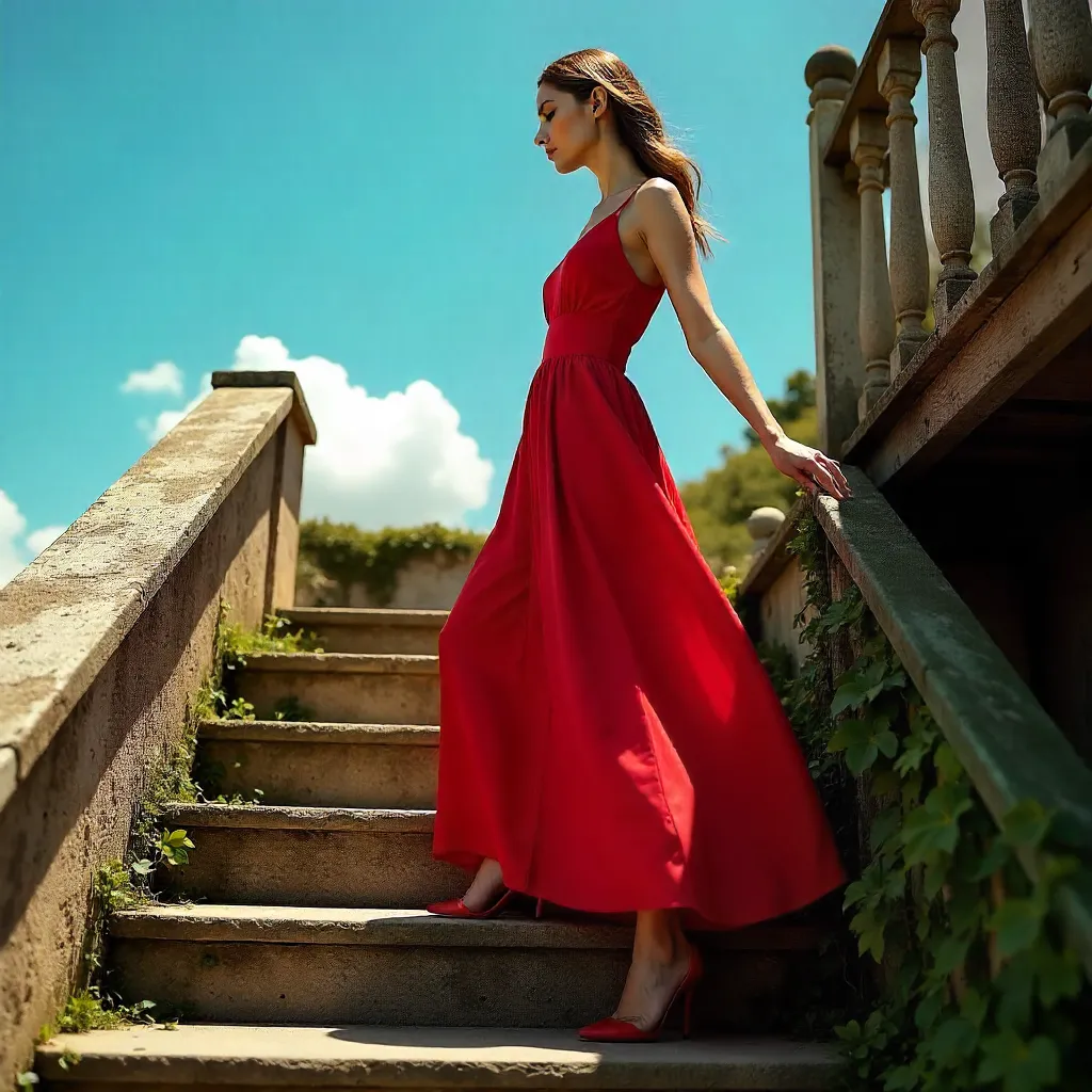 Red Dress on Rustic Outdoor Staircase
