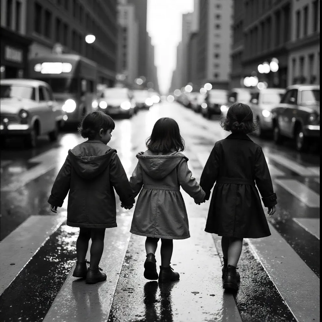 Three Children Crossing a City Street - Black & White