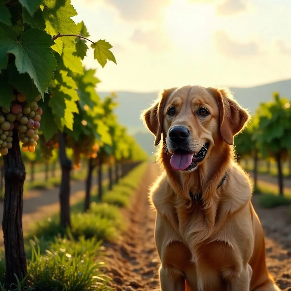 Photorealistic dog in a sunlit vineyard