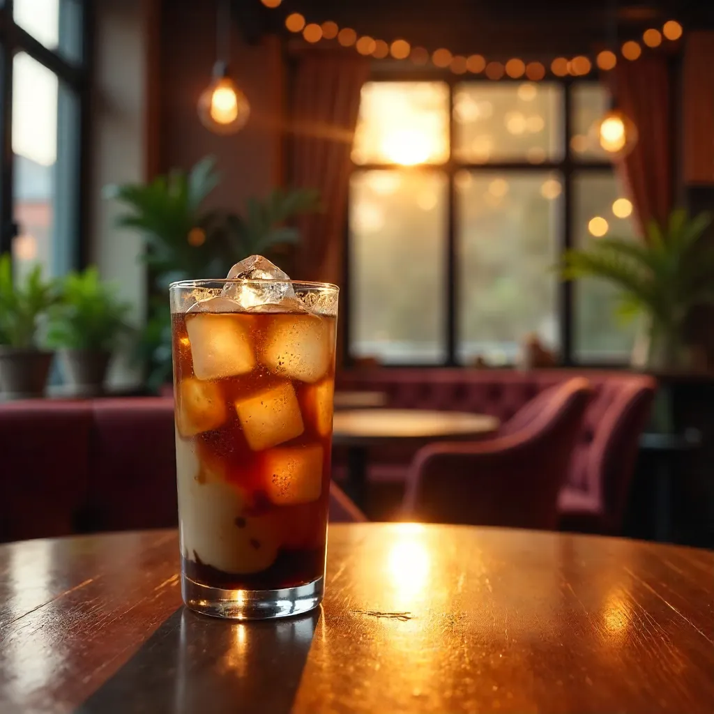 Warm Ambient Cafe: Iced Coffee in Golden Hour