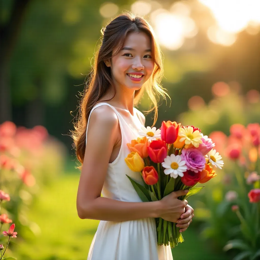 Garden Glow: Woman in White Dress with Bouquet