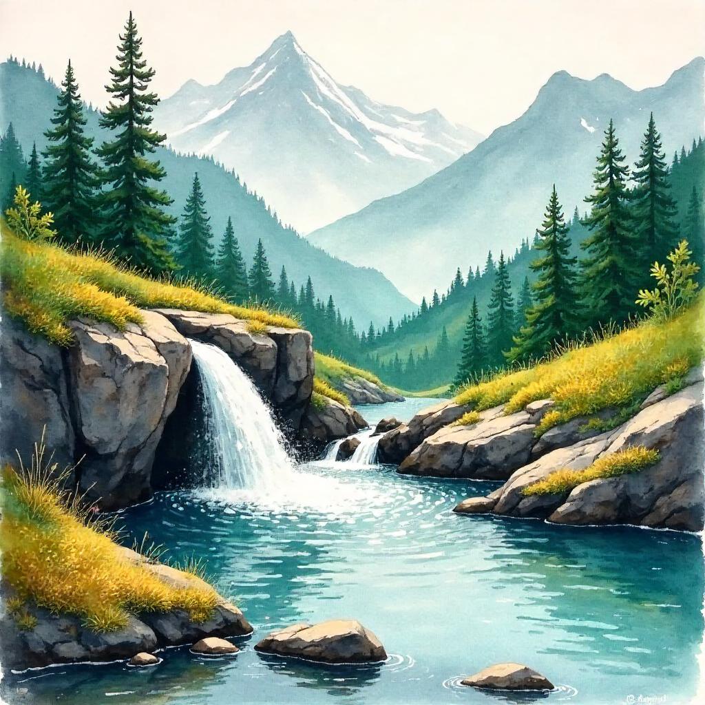 Waterfall in a Mountain Valley — Watercolor Scene