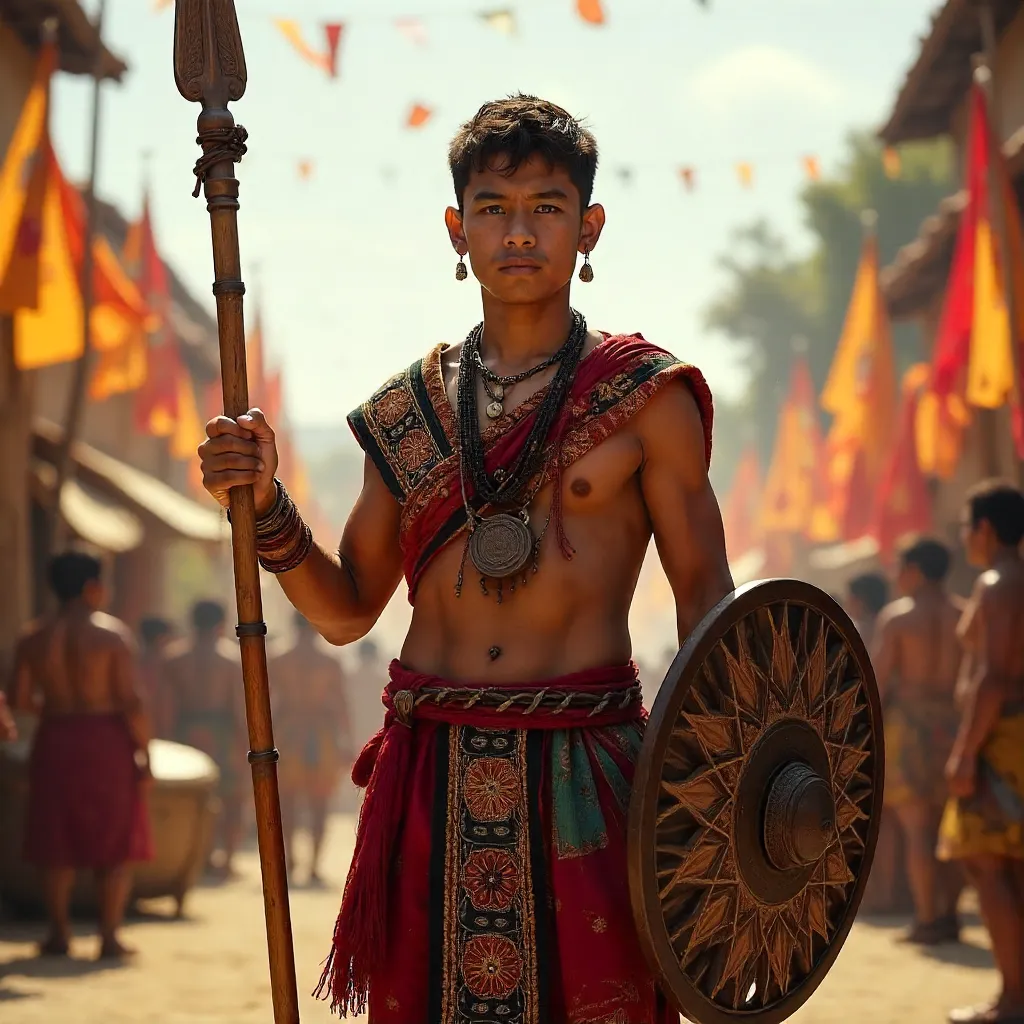 Vibrant Traditional Warrior with Spear and Shield