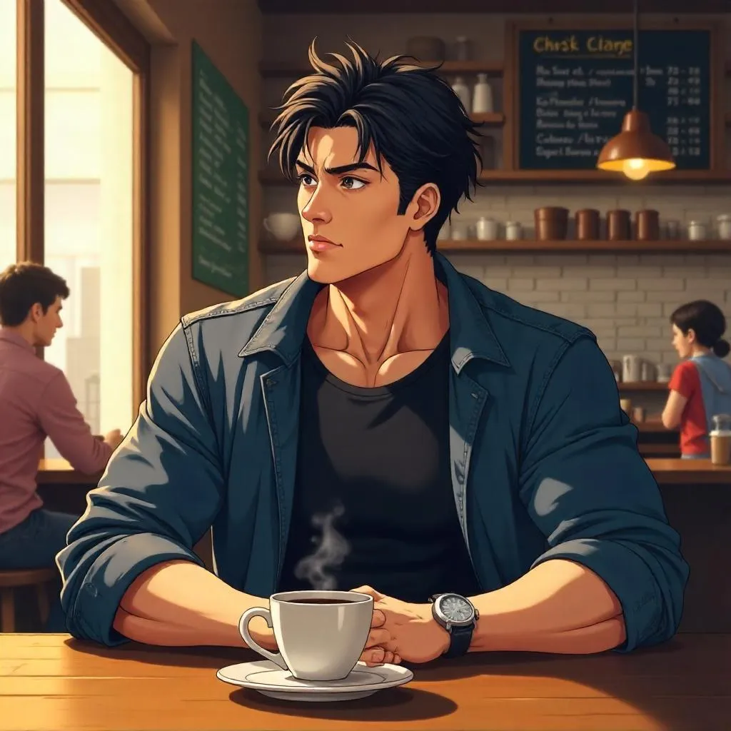 Strong Asian Man in a Cozy Anime Café