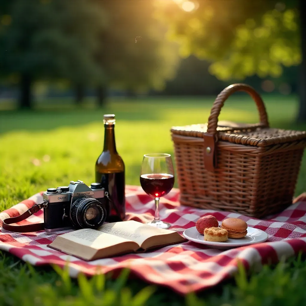 Vintage Picnic with Cameras, Books, and Wine