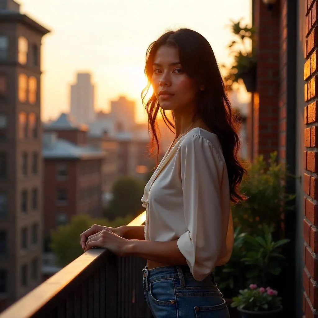 Photorealistic Latina Woman on a Balcony at Golden Hour