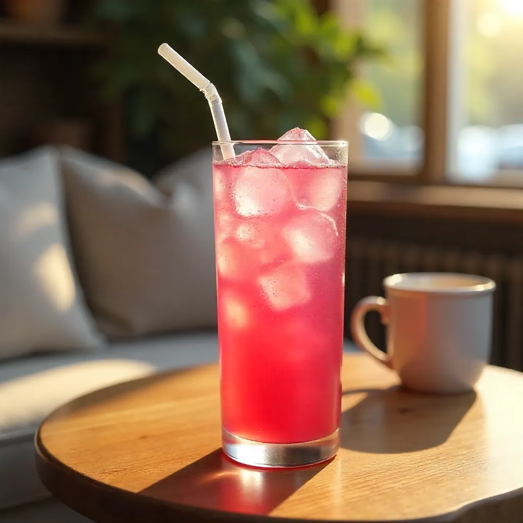 Cozy Pink Iced Beverage on Wooden Table