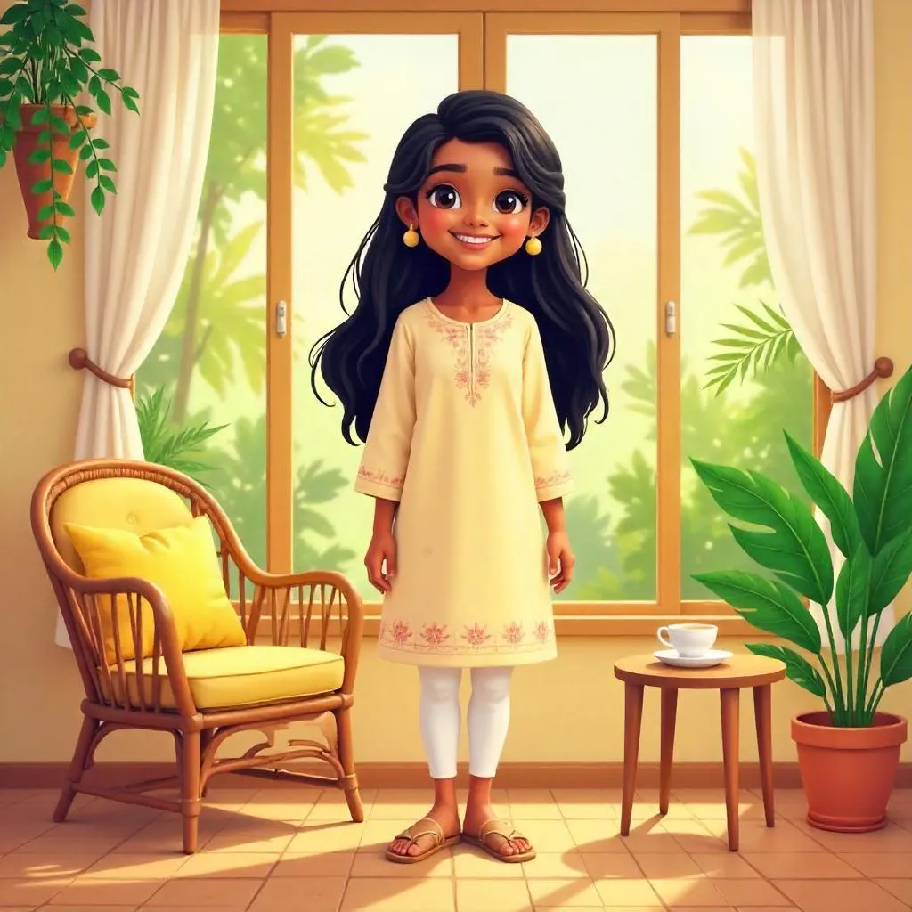 Sunlit Cartoon Indian Woman in a Cozy Sunroom