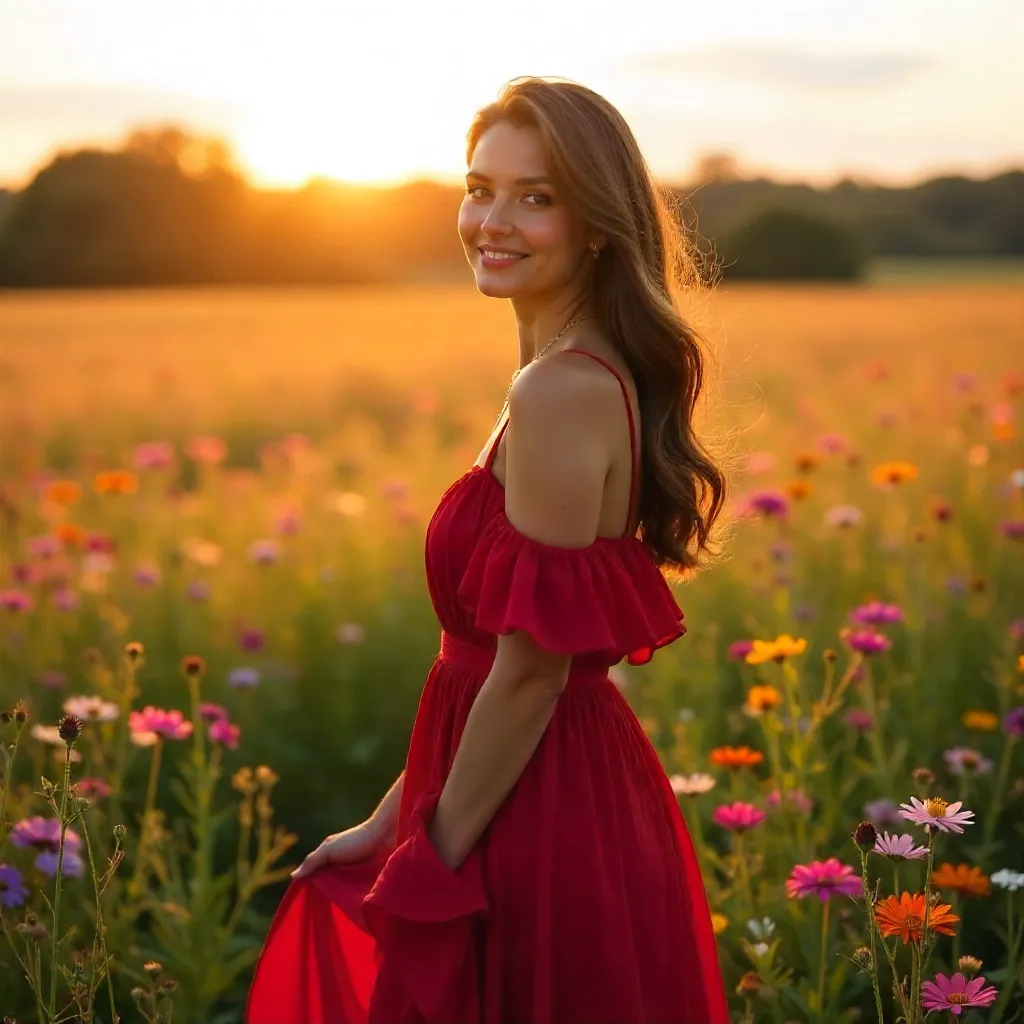 Crimson Dress in a Vibrant Flower Field