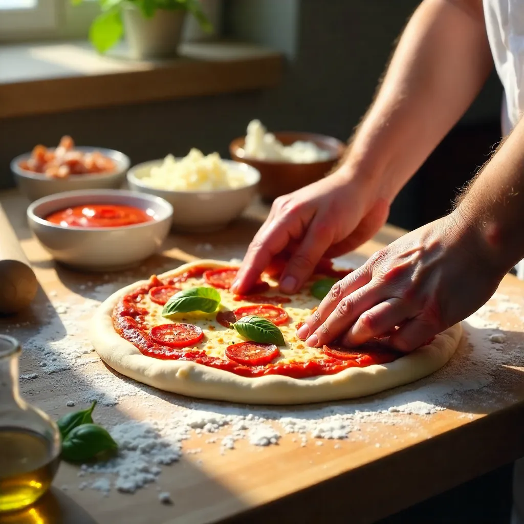 Fresh Pizza Dough with Sauce and Meat Toppings