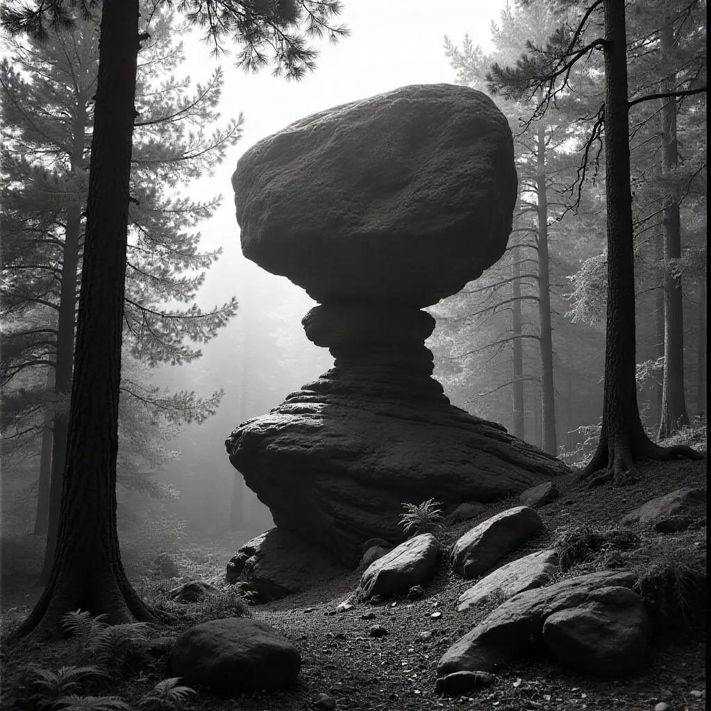 Monochrome Rock Amid a Tranquil Forest