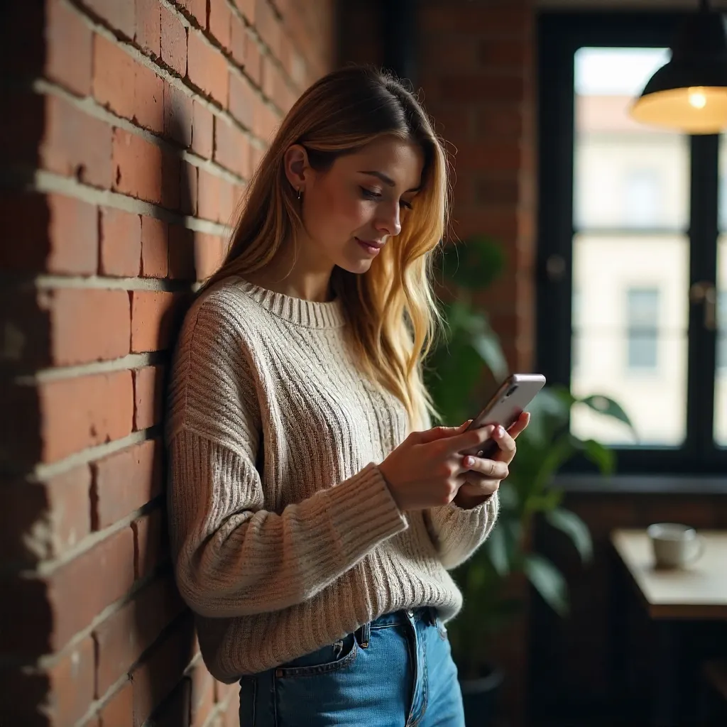 Casual moment: young woman using her phone beside brick wall