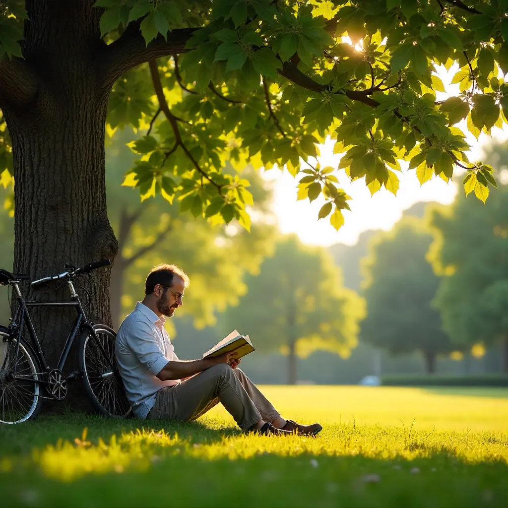 Man Reading Under a Tree with Bicycle on a Sunny Day