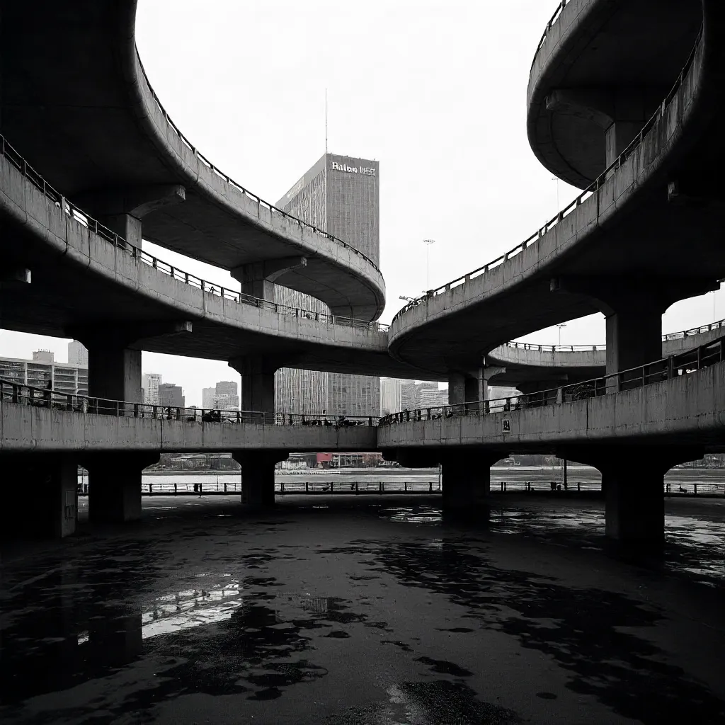 Dramatic Black-and-White O'Hare Spiral Ramp with Hilton Backdrop
