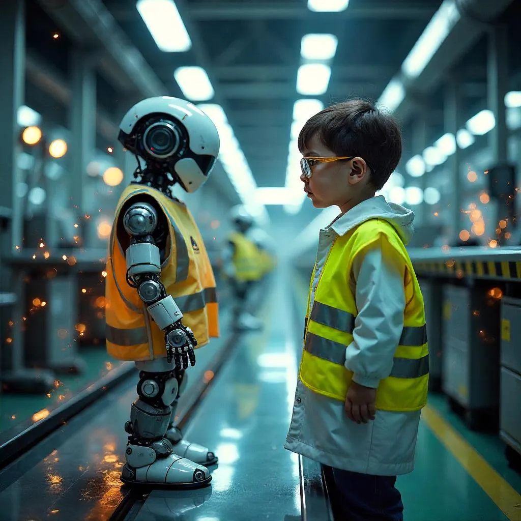Curious Child in a Futuristic Robot Factory