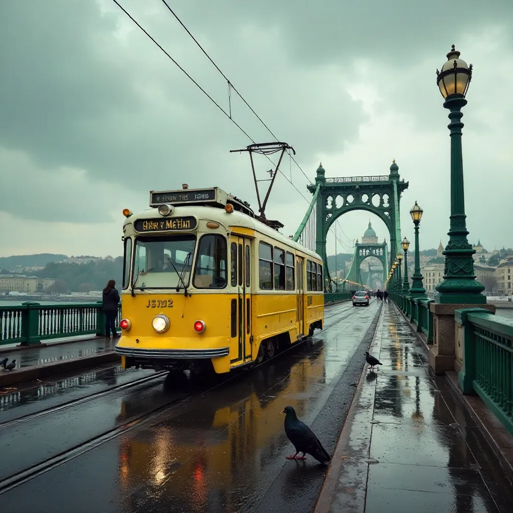 Yellow Tram Crossing Liberty Bridge, Budapest on a Cloudy Day
