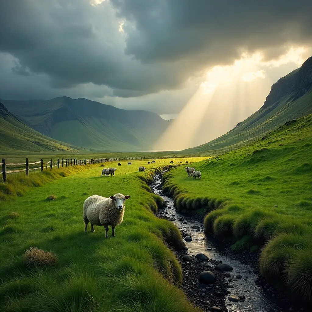 Serene Icelandic Pastures Under a Dramatic Sky